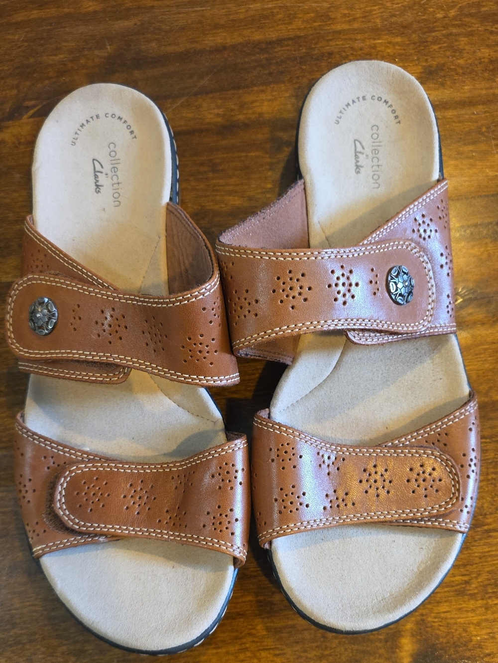 Clarks Women's Tan Perforated Double-Strap Slide Sandals